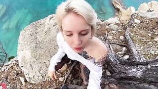 The cute girl passionately sucks dick on the ocean shore, showcasing her skills