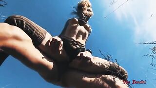The guy did not give the girl a chance to rest and pulled her by the cock in the fresh air