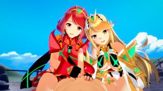 Xenoblade: Pyra and Mythra threesome in an animated 3D scene