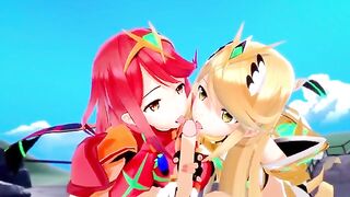 Xenoblade: Pyra and Mythra threesome in an animated 3D scene