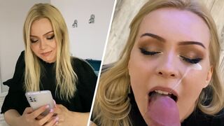 A hot blonde came to visit her neighbor and got an amazing blowjob