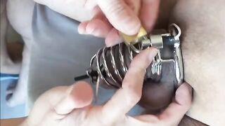 Femdom milking with chastity e-stim and massive load