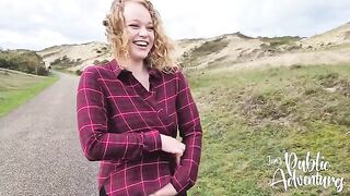 Public exhibitionist behavior on the beach with a big dildo and almost getting caught