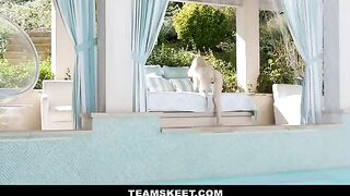 Skinny yoga girl Lola Fae fucks with her stepmom’s boyfriend by the pool