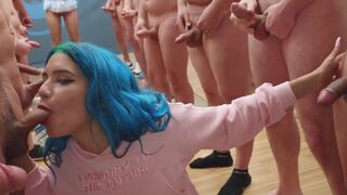 Min Galilea swallows a massive amount of cum in an intense bukkake scene