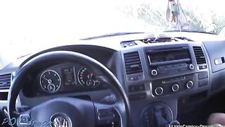 Horny hitchhiker Little Caprice gets banged in the car and receives a cumshot