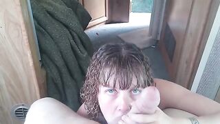 Lavender Joy receives a messy hotload after deepthroating cock in POV