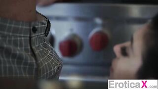 The hot couple has a passionate sex in the kitchen, a typical setting for their sensual encounters