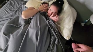 Two girls wet their panties while making out after pissing on them in bed