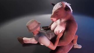 Furry cow feeds the ranger with her milk