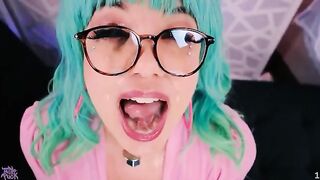 Little Puck's sticky face covered with sperm after a cum facial