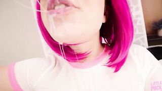 The pink-haired freaky girl gets her face covered with cum multiple times
