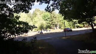 Kezia Slater teaches how to squirt on the sidewalk in the park, showcasing her love for public play
