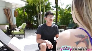 The stepsister is trying to cover up her secret by giving a blowjob