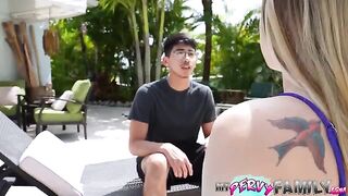 The stepsister is trying to cover up her secret by giving a blowjob