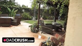 Fit and sexy girl let her stepdad finger and fuck her outdoors by the pool
