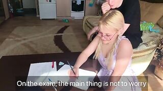 A shy student couldn't resist her tutor and took him in her mouth