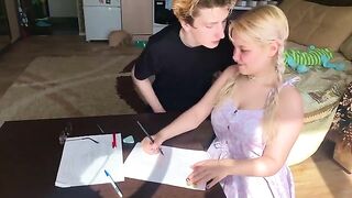 A shy student couldn't resist her tutor and took him in her mouth