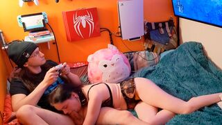 Gamer girl relaxes with a blowjob while playing Elden Ring