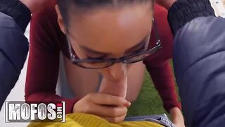 Hot chick lets nerdy Jordi study her tits and ass for cash