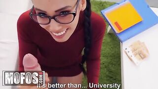 Hot chick lets nerdy Jordi study her tits and ass for cash