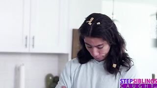 The guy is fucking his stepsister, Kyler Quinn, in the kitchen without guilt