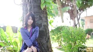 An Asian girl has a lot of fun in the garden with her dildo and vibrator