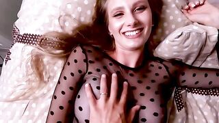 A beautiful blond girl played a game with her boyfriend at home