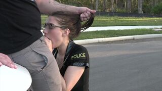 A young guy is having a close encounter with a stunning female cop in a steamy roleplay scene