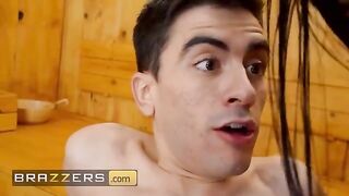 Two hot girls catch a peeping guy and fuck him hard in a steamy threesome