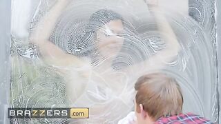 A hot slut Ruby Sims Ruby Reign teases the window cleaner with her body and lingerie before letting him fuck her