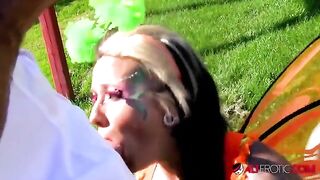 A tattooed cosplay model, Lily Fatale, gets fucked outdoors in a steamy scene