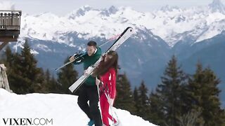 The skier has passionate sex with a cute girl in the Alps