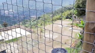 A sexy girl has sex with a stranger farmer in the open air