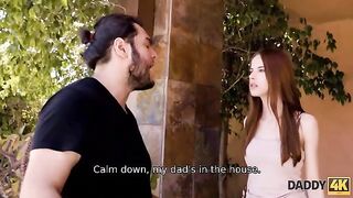Redhead forgets about her boyfriend and has sex with the dad