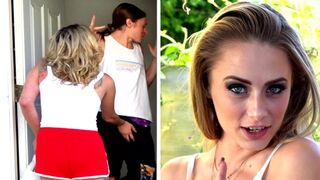 The delivery girl is getting fucked on the door by two guys