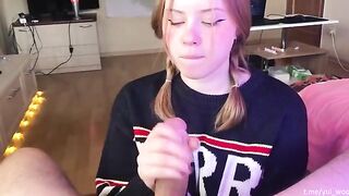 Student girl gently sucks and loves to get cum on her tongue