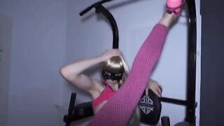 Fitness teen gets her ass pounded by two cocks in gym