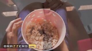 A hot girl got fucked in the popcorn machine by a guy in a steamy scene