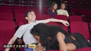 A hot girl got fucked in the popcorn machine by a guy in a steamy scene