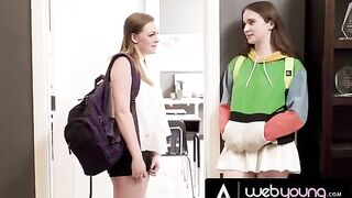 The horny 18yo babe Hazel Moore eats her busty bestie Samantha Reigns' pussy in the college classroom