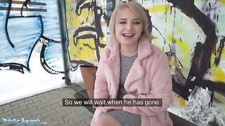Short haired blonde is picked up at the bus stop
