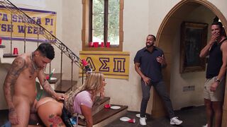 Busty milf housekeeper gets fucked hard by a group of college frat boys