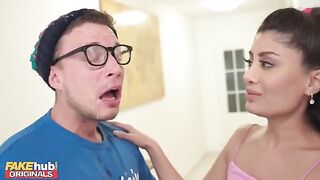 Hot British Indian model licks spunk from dork's glasses after he cum on his face