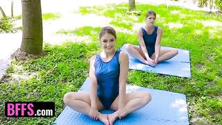 Gymnast is stretching with her coach and gets horny instead