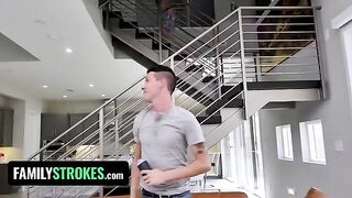 Step sister Sarah Bella with huge natural tits gets her two stepbrothers’ cocks sucked off