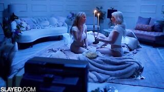 Two voluptuous girls, Skye and Blake, have an incredible lesbian sex on the bed