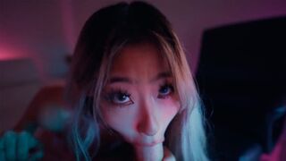 Hot Asian teen Raya Steele massages cock and gives a deepthroat blowjob in POV