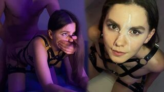 Hot brunette gets a cum facial after riding my cock