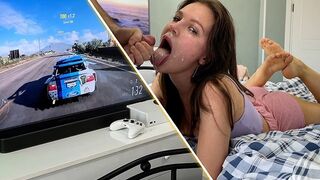 Girl was playing Xbox when a cock appeared in her mouth